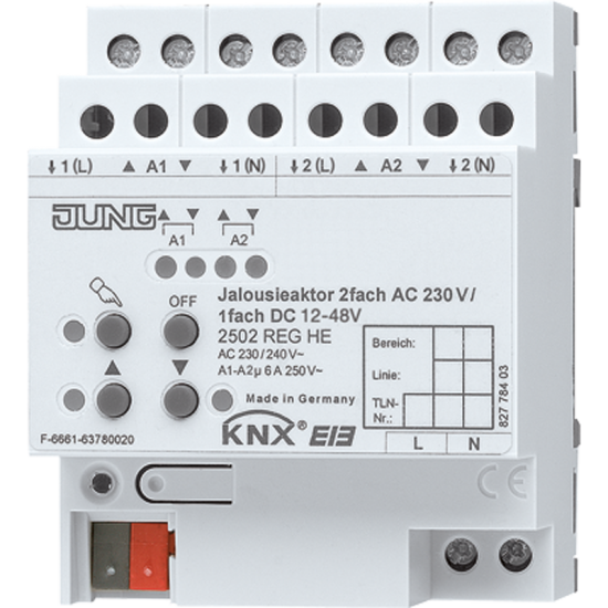 KNX актуатор жалюзи, 2 группы AC 110 – 230 В, 1 группа DC 12 – 48 В, 2502 REGHE